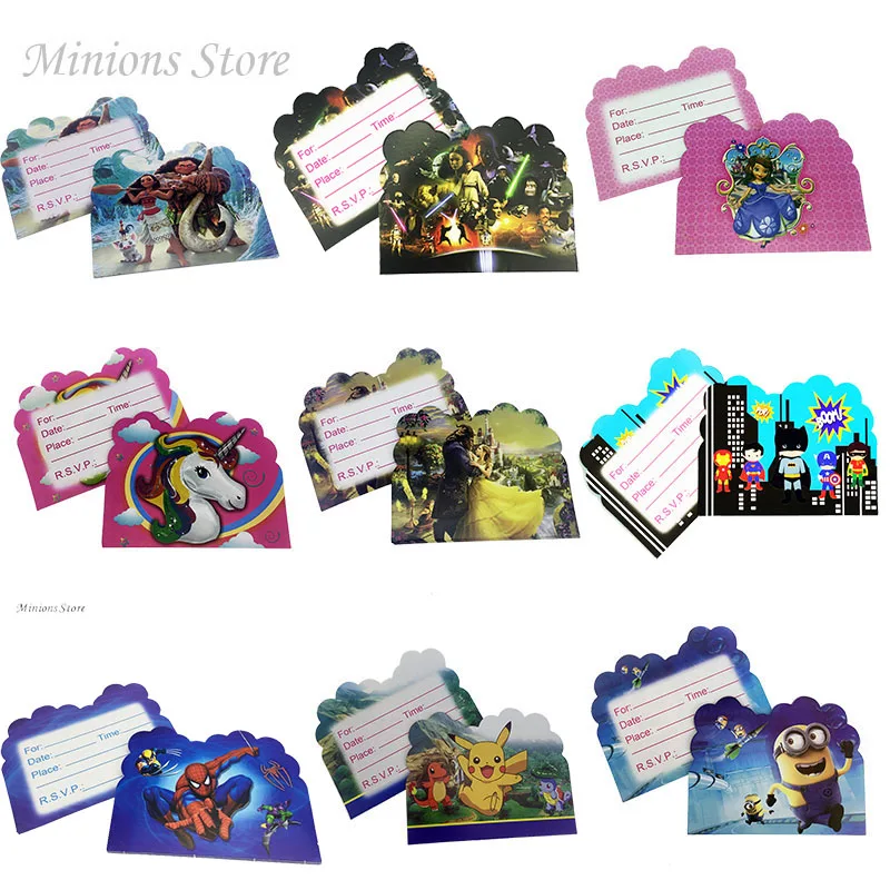 

10pcs/lot Moana Unicorn Mermaid Pikachu Cartoon Invitation Cards Children Party decor Kids favors Happy Birthday party supplies