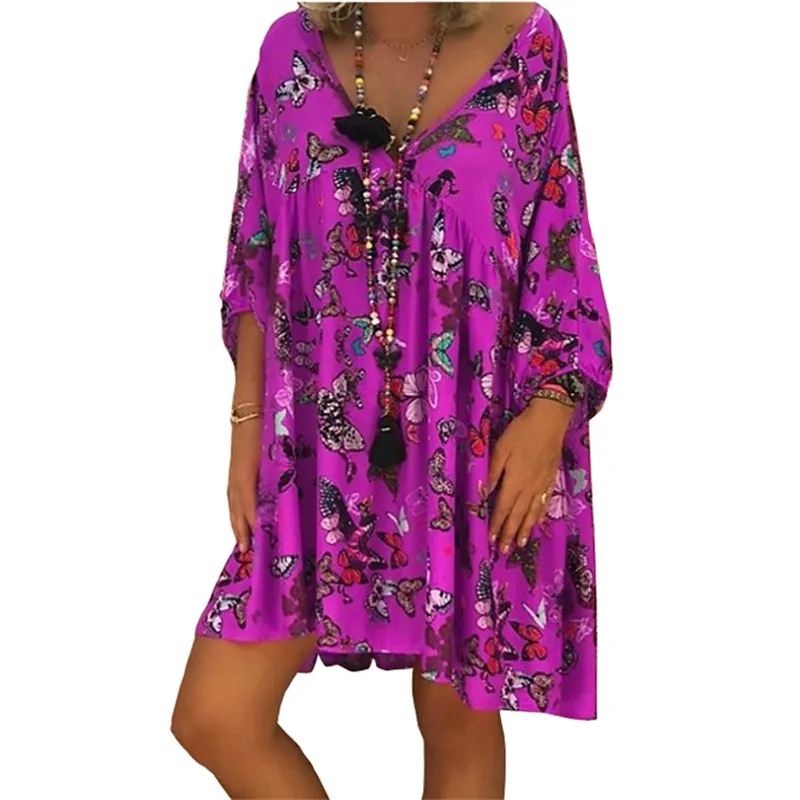 

Women Casual Ladies Dress Butterfly Print V-neck Cropped Sleeves Sleeve Mini Dress Fashion Loose Summer Dresses Vestidos 5XL