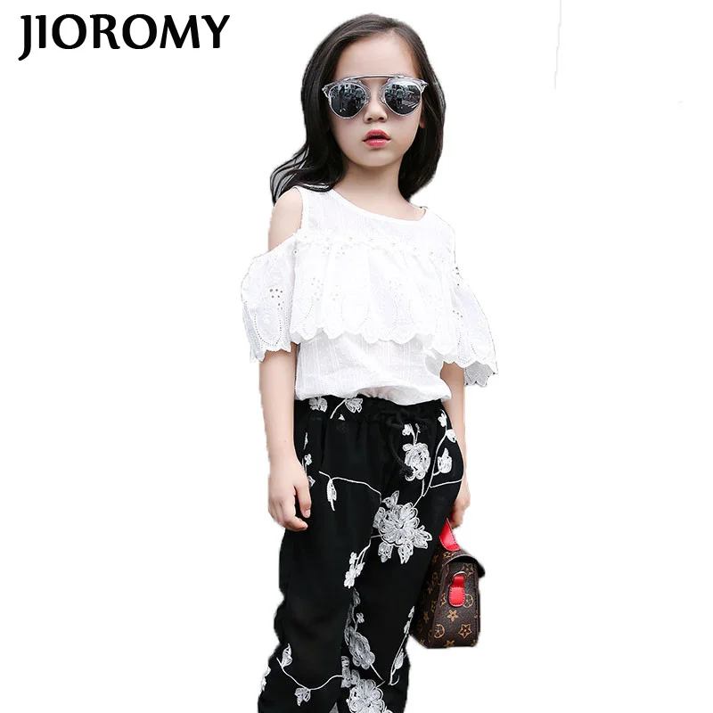 

JIOROMYChildren's fashion clothing sets girls 2018 new summer beaded strapless short-sleeved tops + print harem pants 2 pcs clot