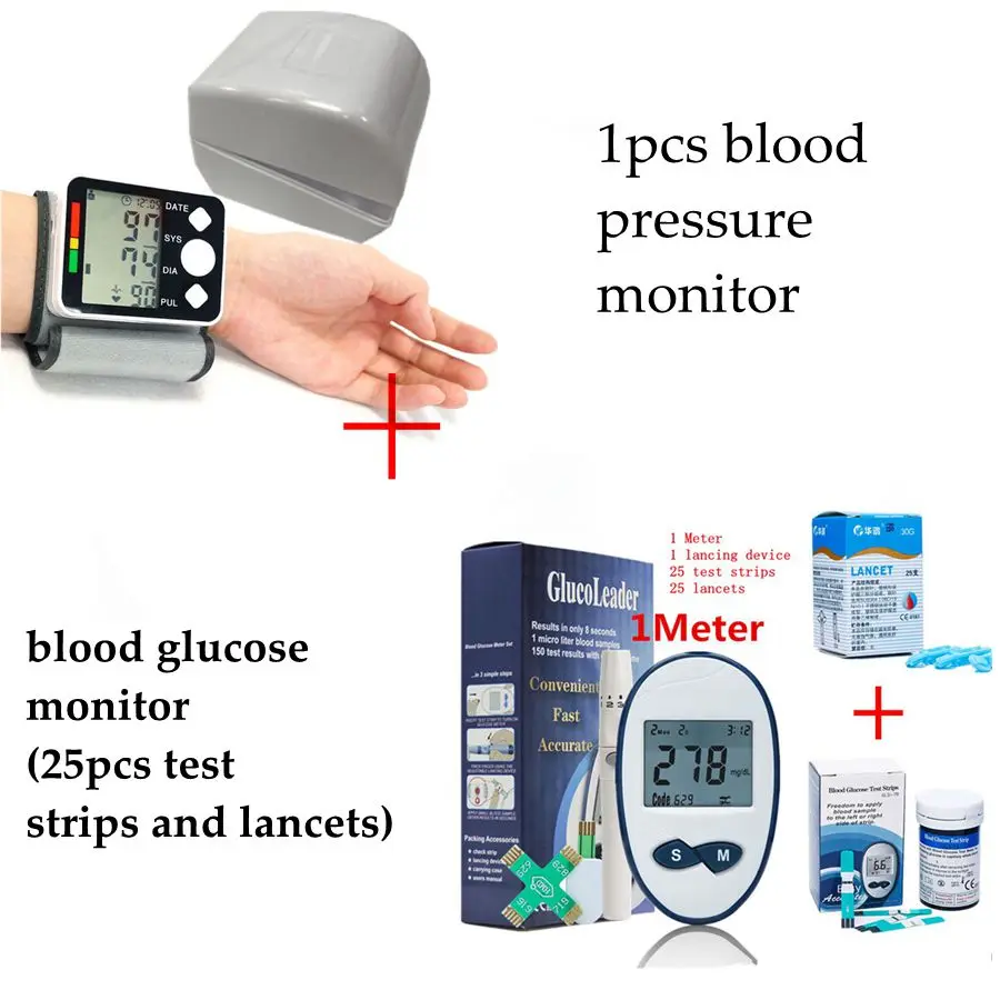 Автоматический цифровой тонометр для измерения артериального давления тонометр для запястья+ измеритель уровня глюкозы в крови с 50 полосками и иглами скарификатор; сахар в крови - Цвет: BPM and BGM 25 B