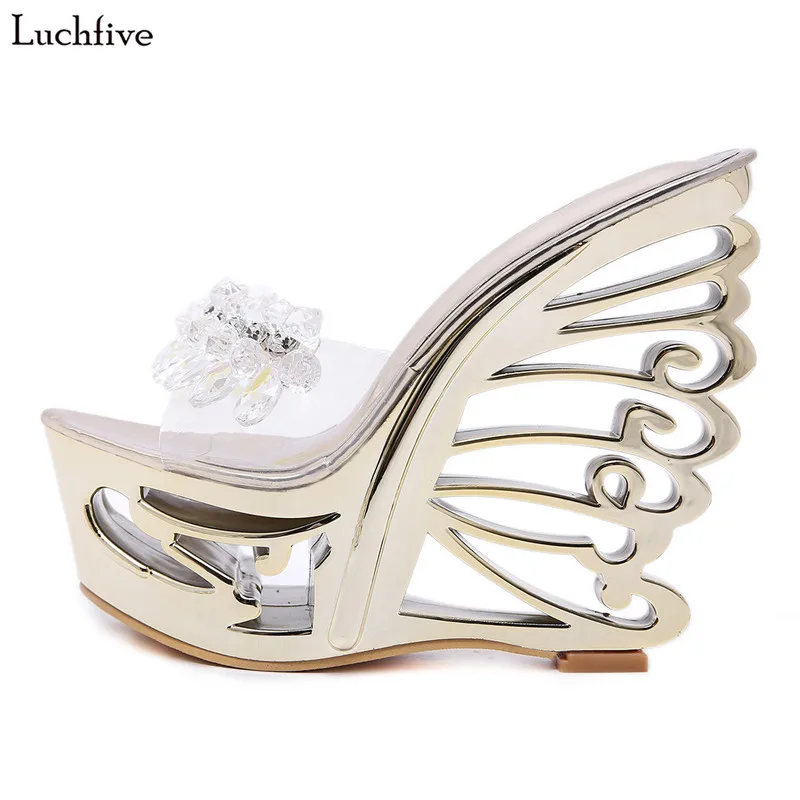 

Luchfive 2019 New Summer Crystal Beads Decor Slippers Artificial Leather Platform 14 CM Special Heel Sexy Peep Toe Shoes Woman
