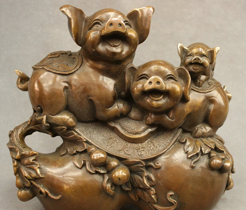 

S4767 10" Chinese Bronze Copper Family 3 Happy Fu Pig Statue On JiXiang FengShui Gourd D0318
