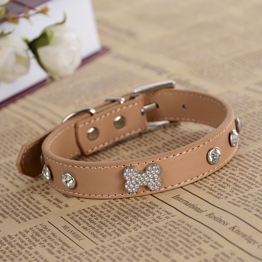 Buy Fashion PU Leather Dog Collar Bone Shaped Bling