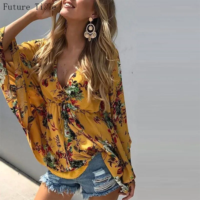 

Future Time Print Sweet Boho Tops and Blouses Women 2019 New Summer V-Neck Sexy Tops Casual Loose Long Sleeve Blouses Lady F514