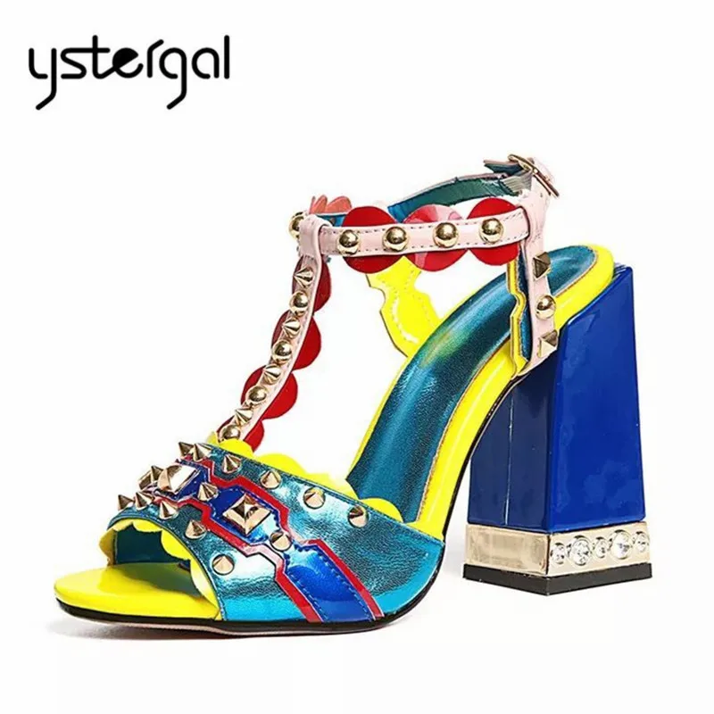 

Ystergal Rivets Studded Women Sandals Summer Shoes Woman 11CM Chunky High Heels Retro Design Gladiator Sandal Women Pumps