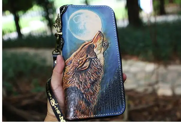 Модный стильный бумажник из воловьей кожи с гравировкой волка, мужской кошелек на молнии, многофункциональная сумочка. Классный подарок для мужчин ручной работы