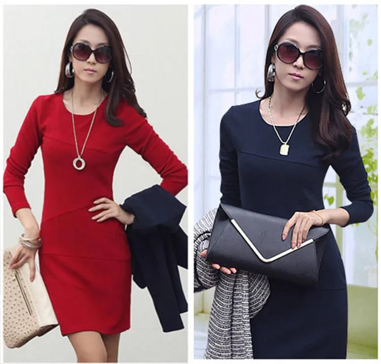 2015 New hot selling female Elegant Long-sleeved Casual Slim Hip Autumn Bodycon O-neck Work Wear OL Dress for women L040 | Женская