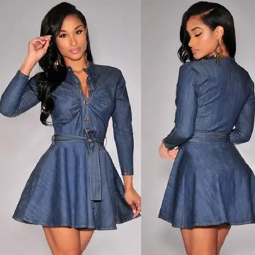 

Vintage Loose Casual Women Jeans Mini Dress Long Sleeve Party Denim Shirt Dress