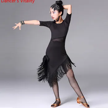 

2018 New Girl's Quality Latin practice clothes Black/red Children's Dance Practice Practical Fashion Girl tassel Latin Dre