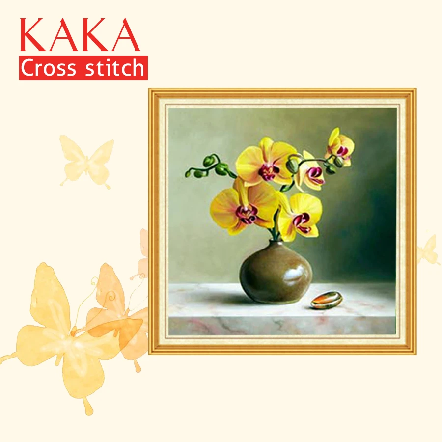 

KAKA Cross stitch kits Embroidery needlework sets with printed pattern,11CT canvas,Home Decor for garden House,5D Orchid Flowers