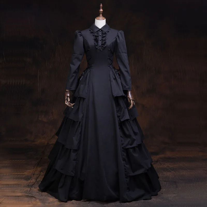 

18th Century Black Long Sleeve Gothic Victorian Dresses Cascading Ruffle Retro Nightclub Party Ball Gowns Theatre Clothing