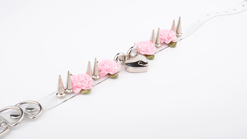 Lolita Cute Girl 100% Hand Crafted Silver Gold Spiked Lock Heart Collar With Key Rose Flowers Spikes Choker Transparent Necklace 8