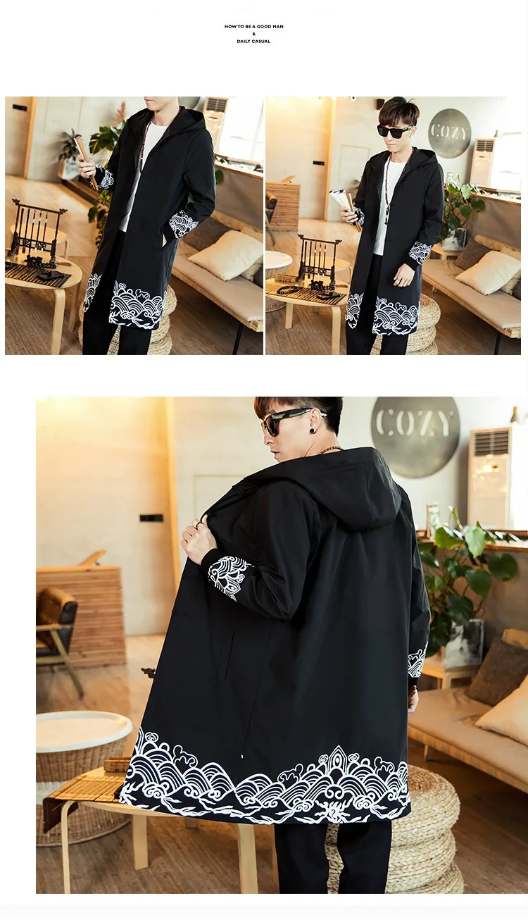 Zongke ветровка в китайском стиле с принтом, мужская длинная уличная куртка с капюшоном, кимоно, мужская куртка, кимоно, мужская куртка, новинка