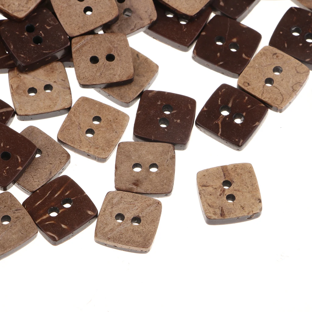 100pcs Square Shape Wooden Coconut Shell Buttons 2 Holes for DIY Sewing Craft