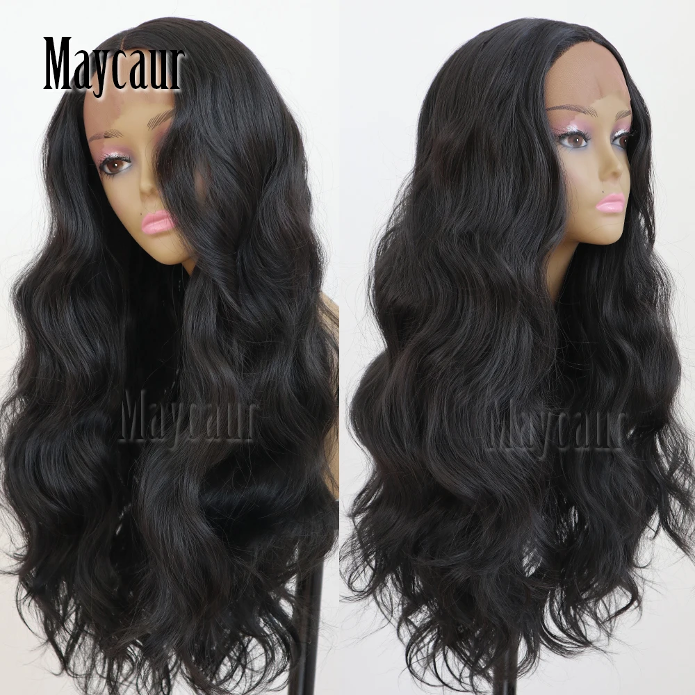 Maycaur Hair Middle Part Long Body Wave Hair Lace Wigs Glueless Black Color Synthetic Lace Front Wigs for Black Women