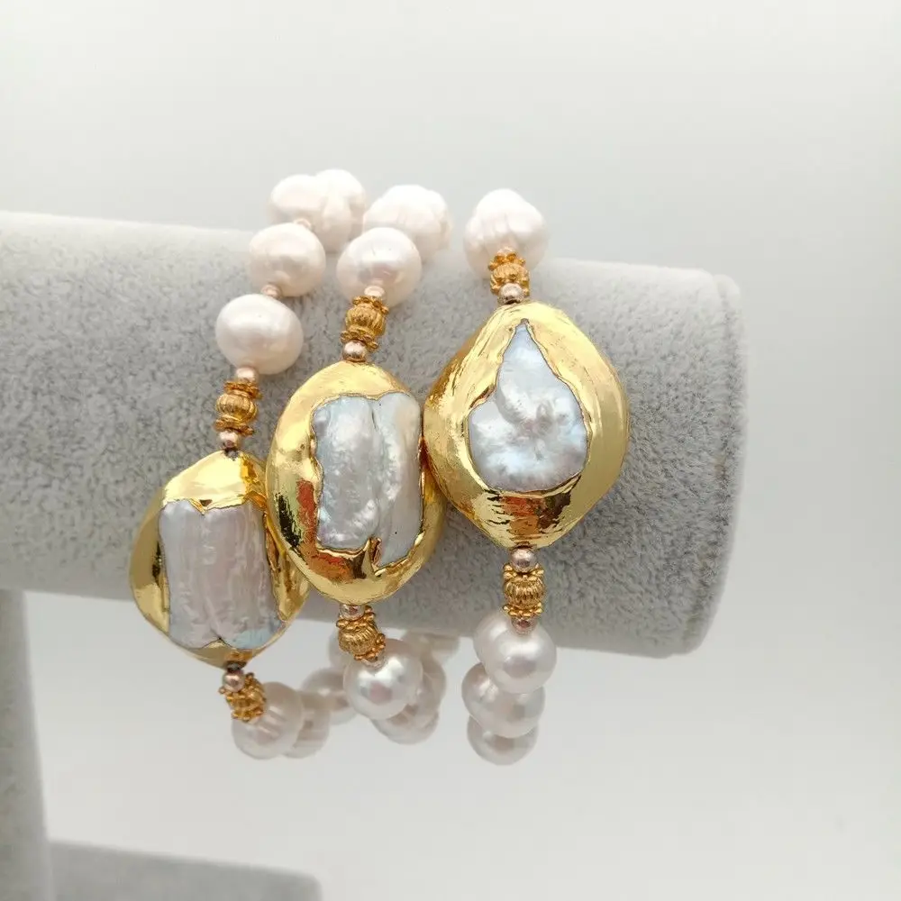 

8" 3 Strands Yellow Golden Plated White Keshi Pearl Bracelet
