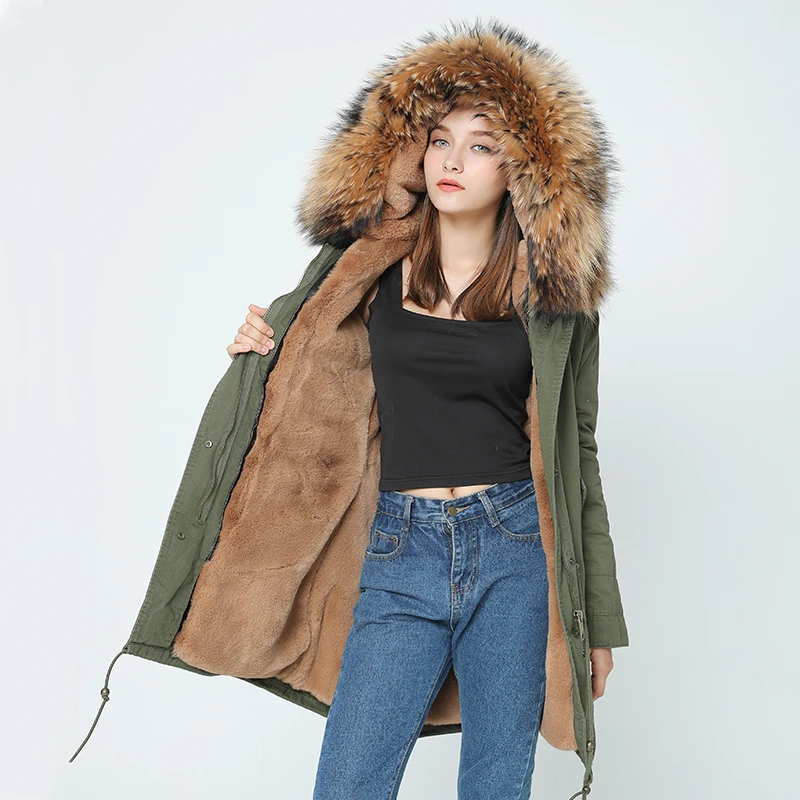 Горячая большой енот природный натуральный мех пальто для женщин зимняя куртка длинное зимнее пальто Женская парка толстая подкладка Украина