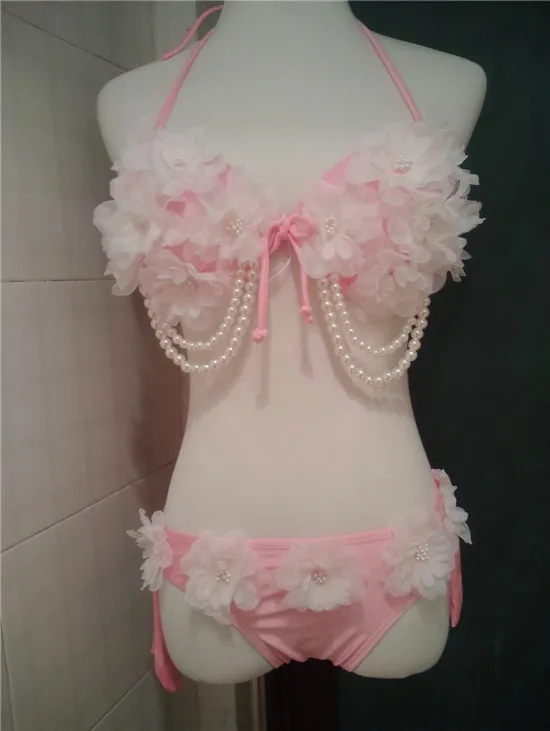 

[Stock] Handmade Lace Beautiful Flowers Pink Sexy Bikini Pearl Fringed Triangle Swimsuit Summer Lolita Swimwear Free Shipping