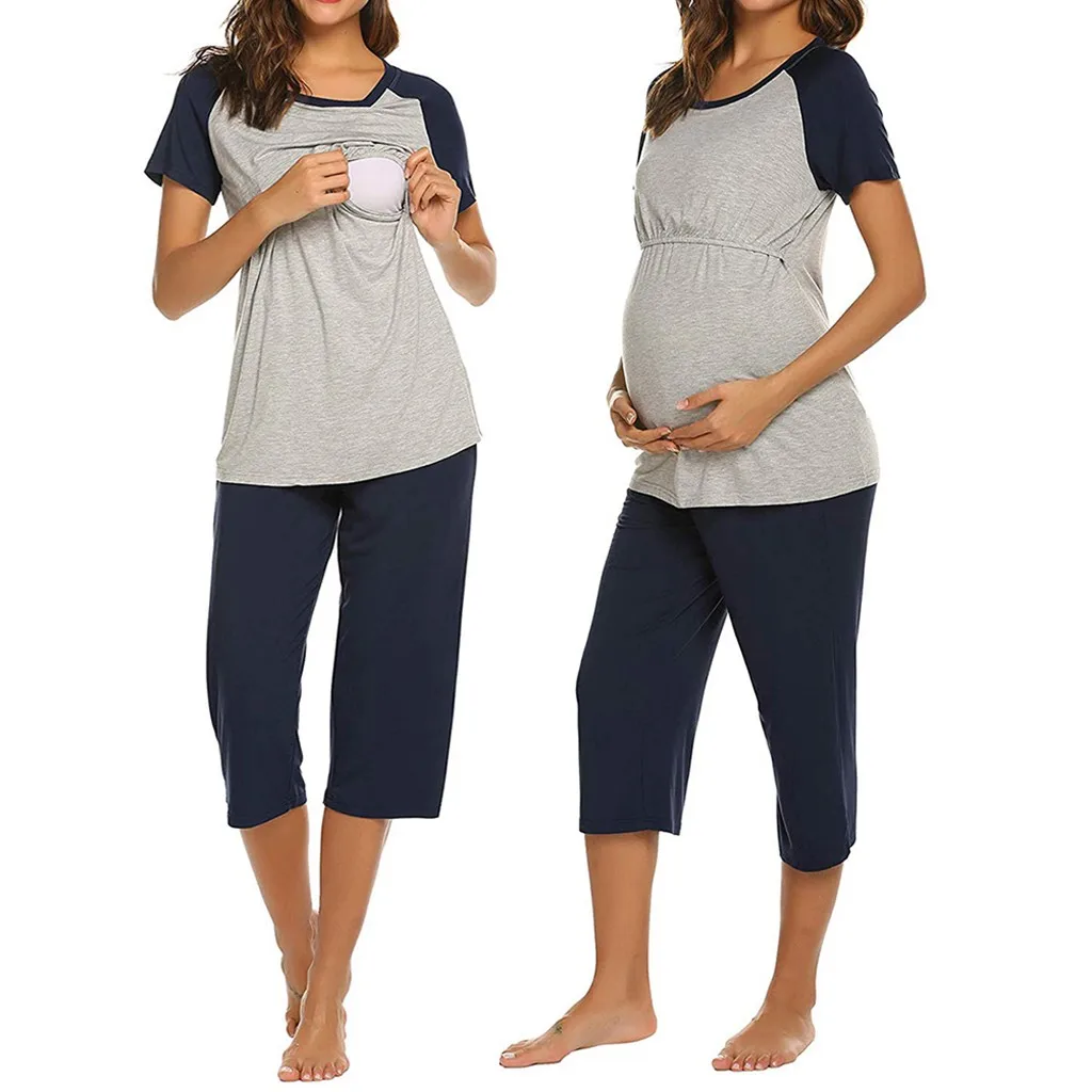 

Women Maternity Short Sleeve Nursing Baby Top T-shirt+4/3 Pants Pajamas Set