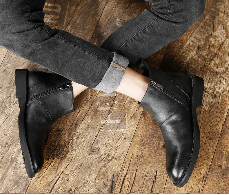 Мужские ботинки «Челси» до лодыжки с круглым носком на молнии однотонные Винтажные ботинки в байкерском стиле на среднем каблуке модная обувь в британском стиле