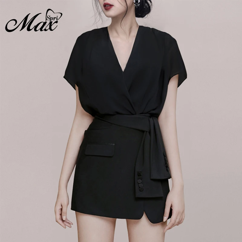 

Max Spri 2019 Summer New Fashion Office Lady Sexy Deep V Short Sleeves Crop Top With Sashes Mini Skirt 2 Piece Sets Suit