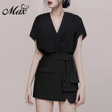 Max Spri 2019 Summer New Fashion Office Lady Sexy Deep V Short Sleeves Crop Top With Sashes Mini Skirt 2 Piece Sets Suit grey strip crop top with short sleeves