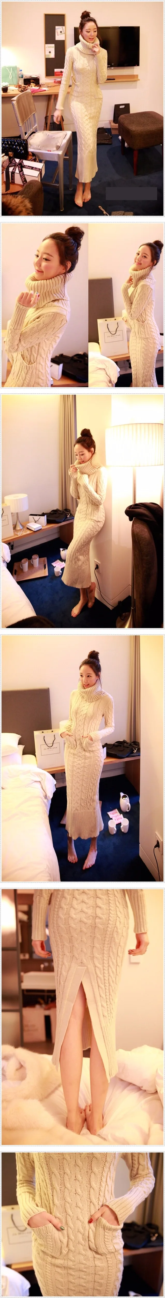 Женское трикотажное платье-свитер, корейское осенне-зимнее платье-свитер с высоким воротником, теплое тонкое вязаное длинное платье для женщин K322