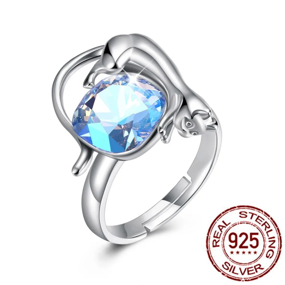 

925 Sterling Silver Rings Girl LEKANI Crystals From Swarovski Blue Stone Female Trending Resizable Ring Fine Jewelry