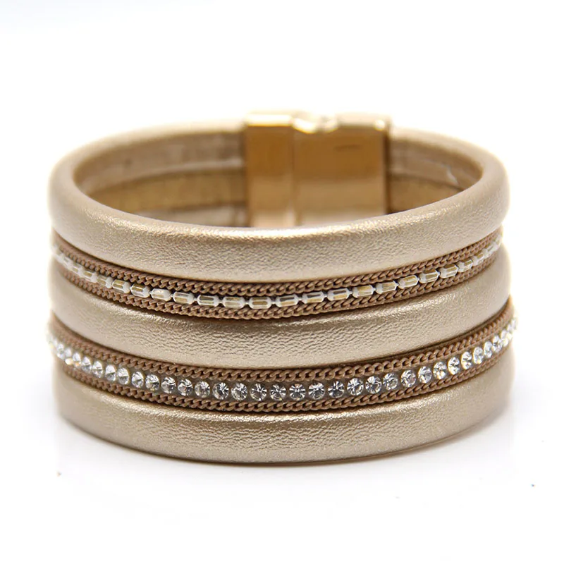

Fashion Soft PU Leather Bracelet with Crystal Beads in 6 Metallic Color with UV Plated Magnetic Claps Color not fade Bracelets