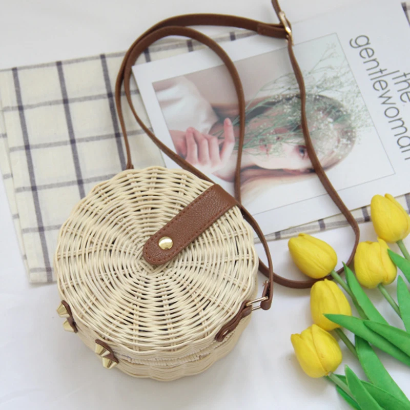 

New Natural Round Rattan Bag Cute Mini Shoulder Bag Retro Beach Holiday Messenger Bag Boho Handmade Straw Woven Luxury Handbag