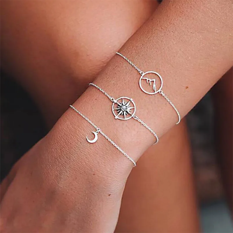 

Simple Bracelets Bangles Women Creative Compass Mountain Peak Moon Gem Chain Pendant Multilayer Silver Bracelet Set Jewelry