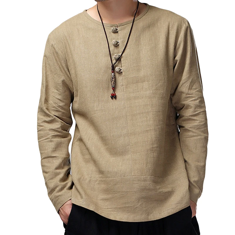 2019 S 3XL Autumn Cotton Linen Men Shirts Solid Long Sleeve Button