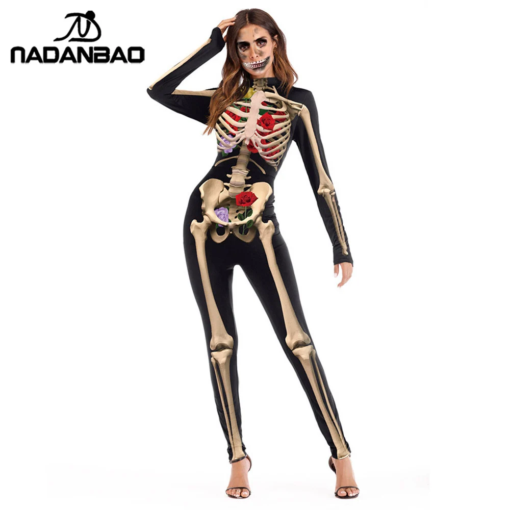 

NADANBAO Rose Mechanical Bone Costume Cosplay Scary Halloween Costumes For Women Skeleton Zombie Skull Floral Bodysuit