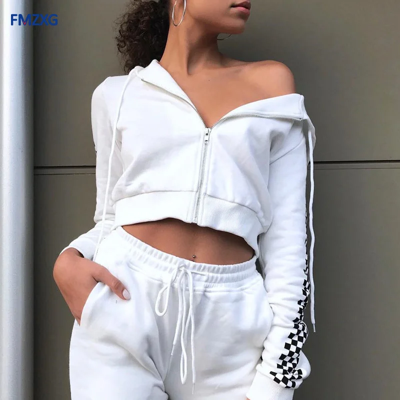 

Fitness Autumn Women Hooded Sleeve Plaid Zipper Jacket Crop Tops Winter Women Track Casual Hoodies Sweatshirts Jogger Hoodies