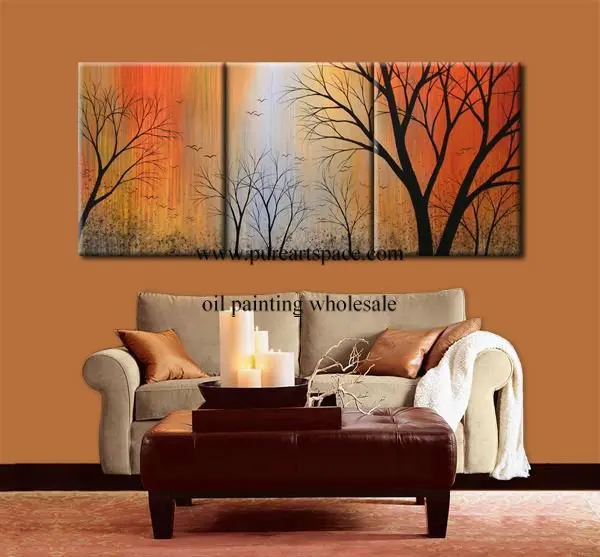 

Hand Painted Oil Painting 3 Piece Canvas Wall Art - Black Tree Branches on Abstract Colorful Background - Modern Home Decor