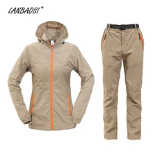 LANBAOSI Женская флисовая походная куртка с капюшоном и брюки комплект из 2 предметов Быстросохнущий Водонепроницаемый ветрозащитный, альпинизм куртка для походов