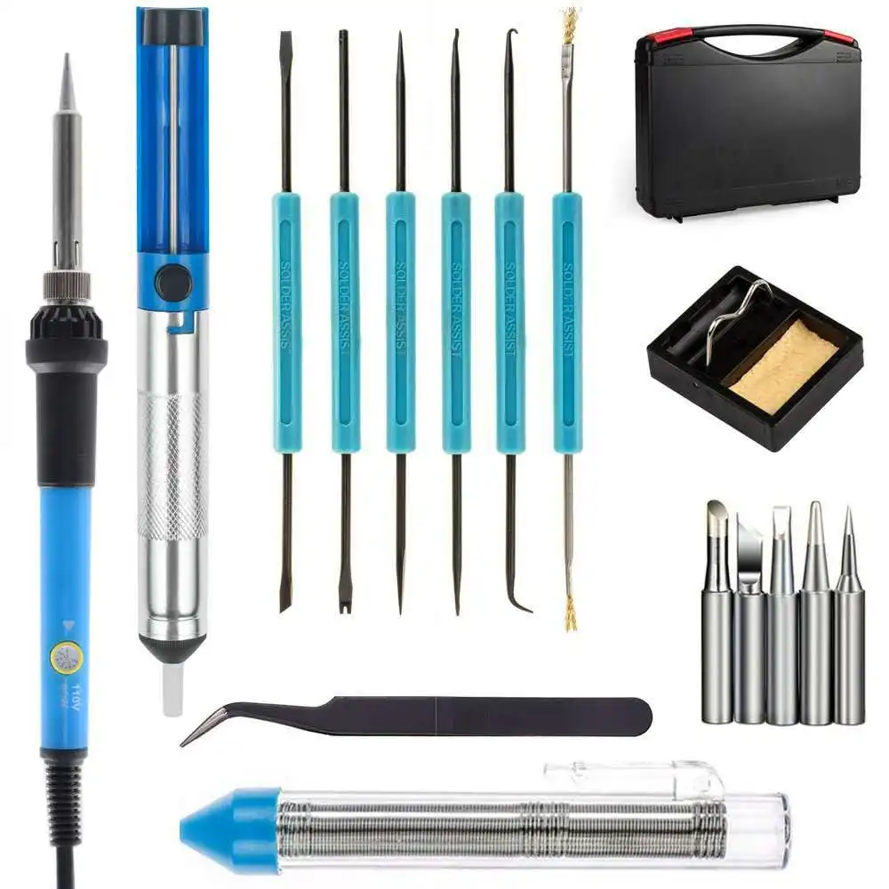 

60W/110V Welding Soldering Iron with Desoldering Pump 5pcs Iron Tip Stand Anti-static Tweezers Additional Solder Tube Carry Case