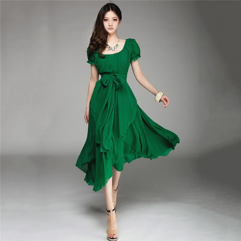 Зеленое платье Для женщин красные, черные M-2XL летние шорты рукавом шифоновое платье Новинка весны лук Нерегулярные длинный тонкий платье Vestidos LD954 - Цвет: Green