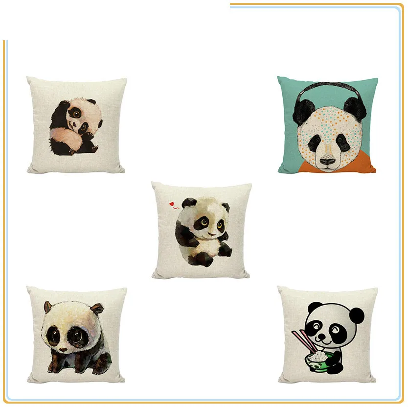 

Cute Giant Panda Portrait Cushion Cover Colorful Letters Naughty Personality Beige Background Simple Style Flax Home Decoration
