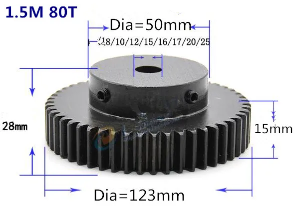 

1pc Spur Gear pinion 80T 80Teeth Mod 1.5 M=1.5 Width 15mm Bore 10-25mm 45# steel major gear cnc gear rack transmission RC