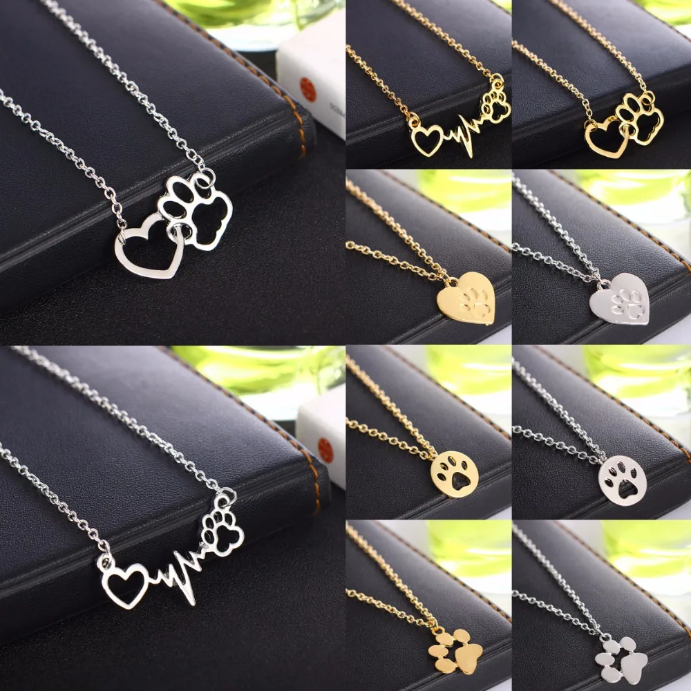 Lovely Hollow Pet Paw Print Heart Pendant Necklaces Memorial Charm