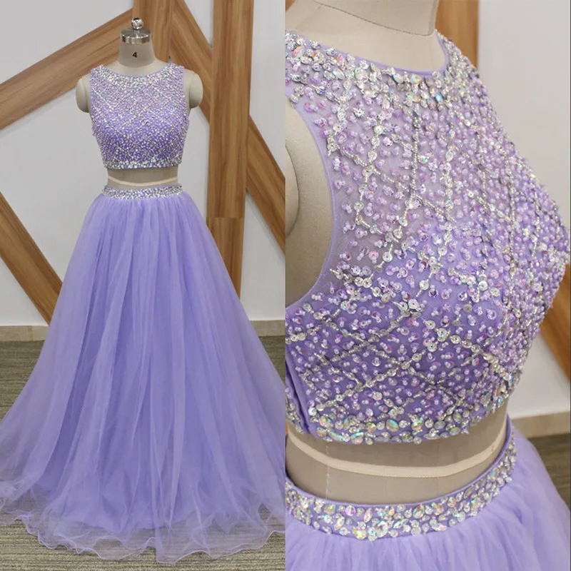 Lavender Long Prom Dresses Sparkly Beaded Top 2 Pieces Dress Lavender Long Prom Dresses Sparkly Beaded Top 2 Pieces Dress 2018 Custom Made A Line Crop Tulle Arabic Party Gowns