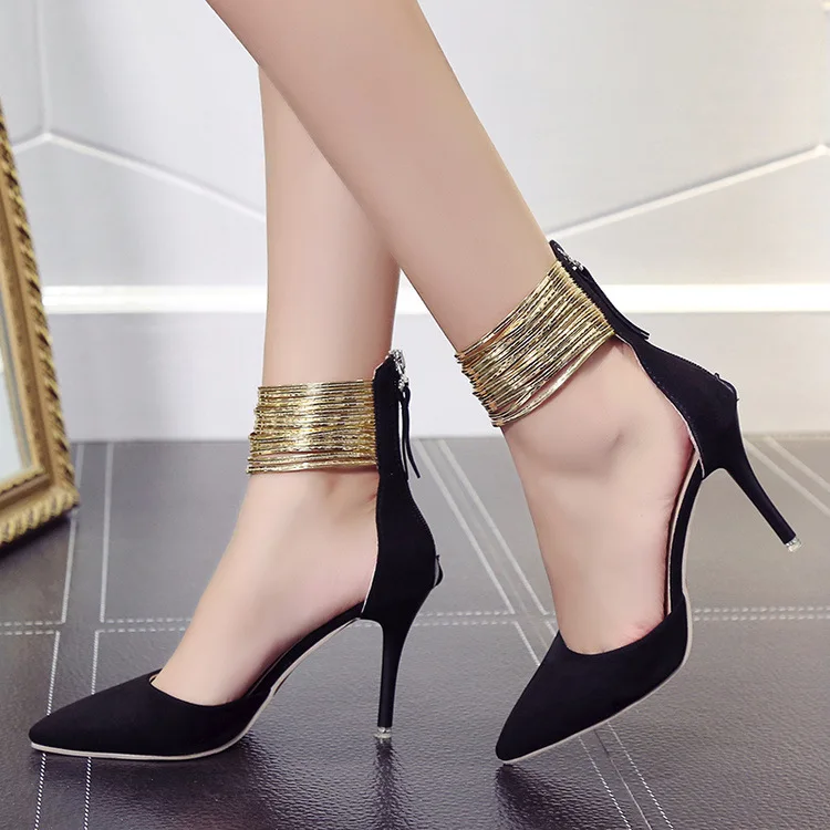 2018 Spring Autumn Women Pointed Toe Flock Pumps Curve Super High Party Fashion Metal Strap Shoes Ladies Heels