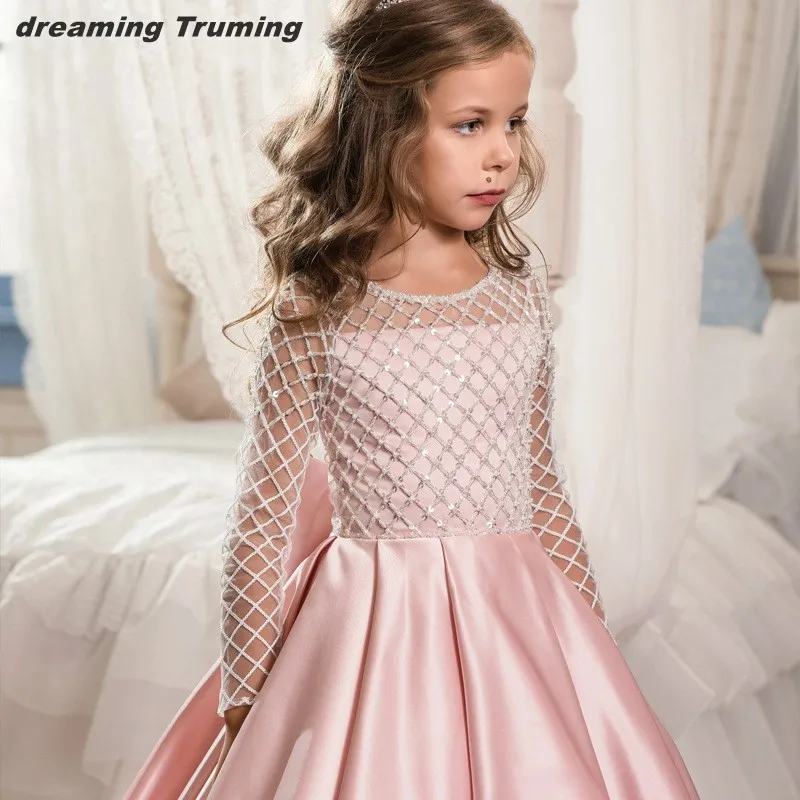 Пышное Бальное Платье Принцессы Платья с цветочным узором для девочек, прозрачные платья с длинными рукавами для первого причастия, платья