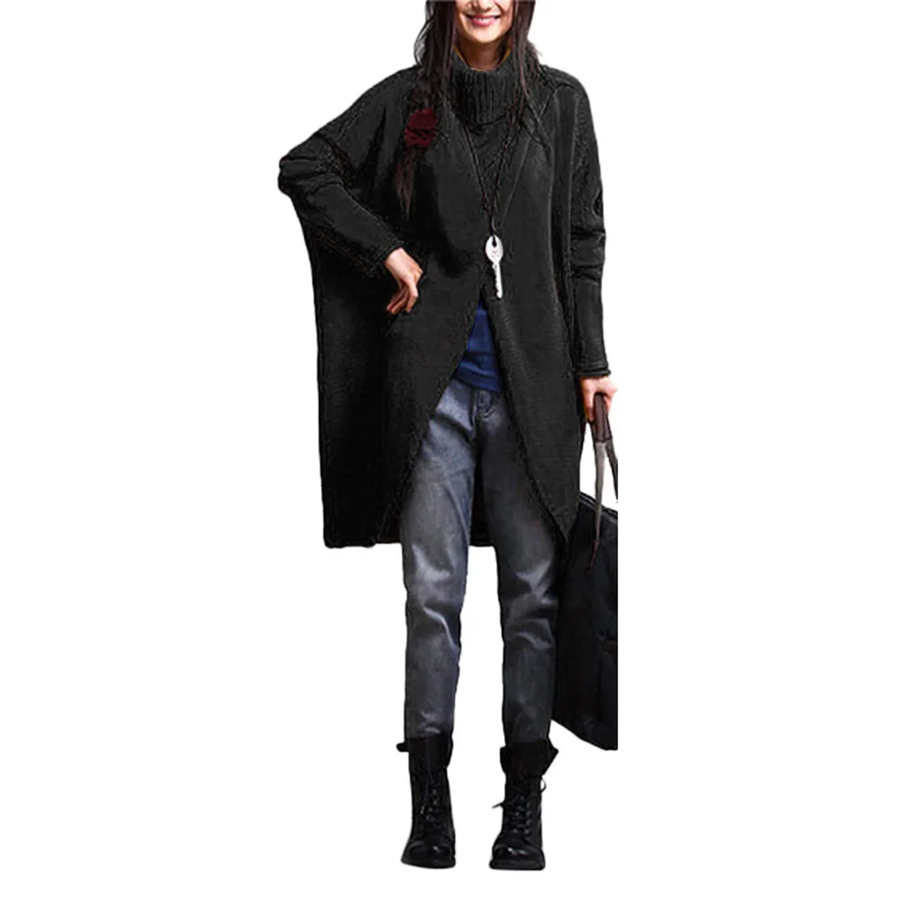 Плюс Размеры Женская мода Водолазка асимметричный подол Свитер с длинными рукавами элегантные пиджаки Топы Высокое качество асимметричный подол