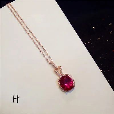 Vintage Necklace Pendants For Women S925 Sterling Silver Ruby Gems Fine Jewelry Clavicle Chain Rose Red Color Colar Bijouterie - Цвет камня: H
