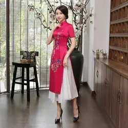 Традиционное китайское платье Для Женщин Атлас красного долго Cheongsam Размеры S до 3XL