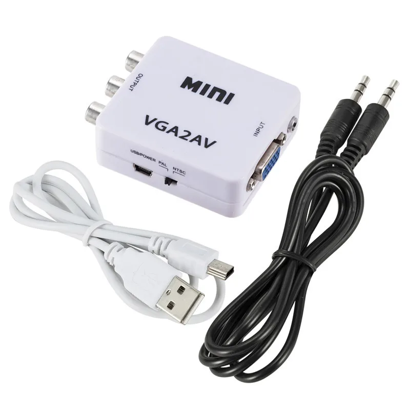  HD Mini VGA a AV RCA Audio Converter VGA2AV/CVBS Adattatore da 3.5mm per PC a TV HD del computer al