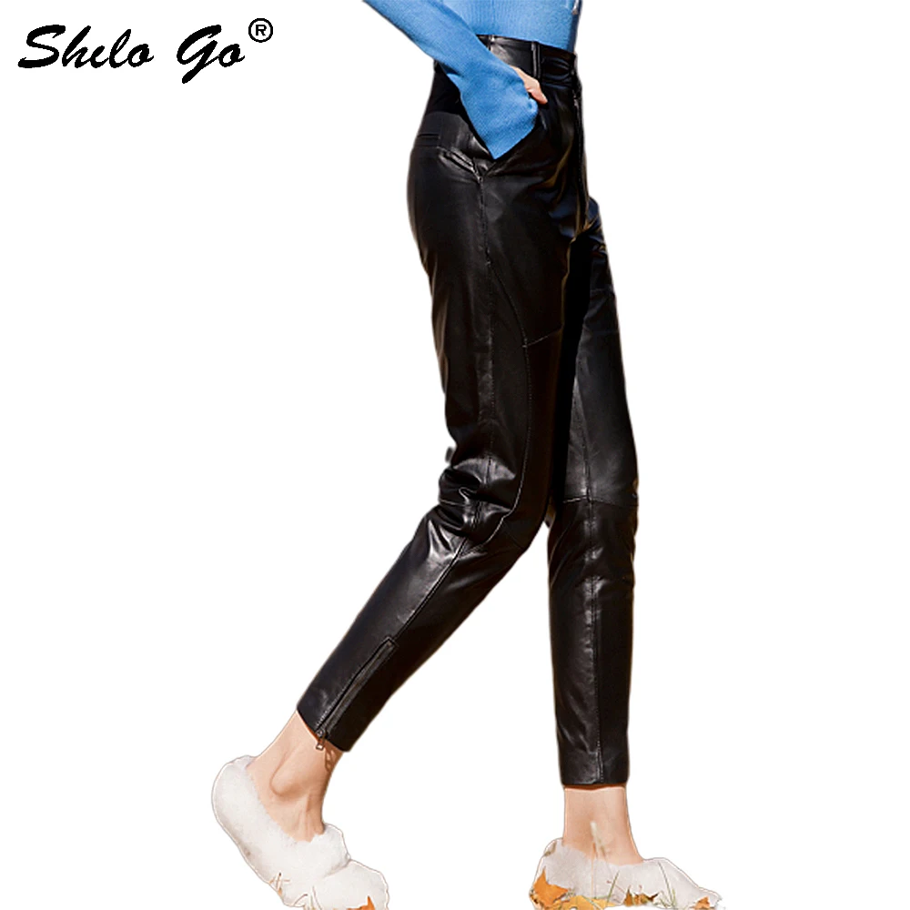 Streetwear Lederen Broek Womens Casual Single Button Hoge Taille Schapenvacht Lederen Potlood Broek Beknopte Vrouwelijke Capri Streetwear Lederen Broek Womens Casual Single Button Hoge Taille Schapenvacht Lederen Potlood Broek Beknopte Vrouwelijke Capri