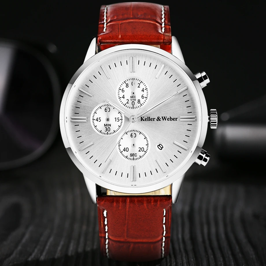 Keller & Weber Mens Watches 30m Waterproof Quartz Business Watches Date Display Genuine Leather Band Relogio Masculino Best Gift (19)